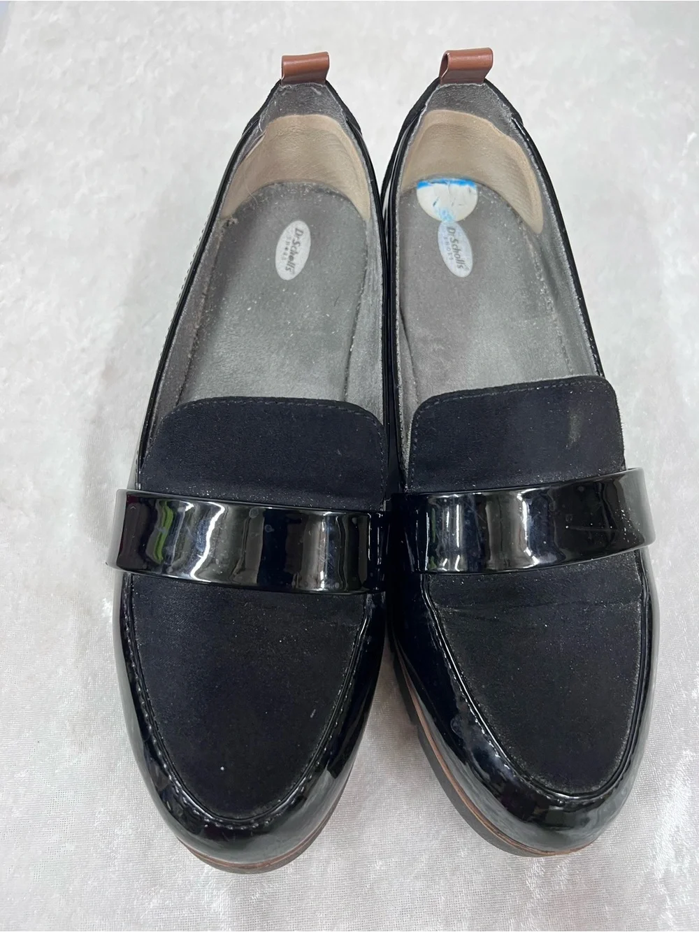 Dr. Scholl’s Black Slip-On Loafers glossy black brown trim 7.5